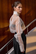 White Mesh Sheer High-Neck Long-Sleeve Blouse