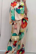 Ink Wash Floral Print Batwing Sleeve Wide Leg Pants Set
