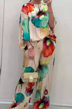Ink Wash Floral Print Batwing Sleeve Wide Leg Pants Set