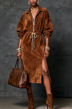 Stylish Suede Lapel Zipper Waist Tie Casual Midi Dress