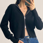 Black Wool-Blend Collared Zip-Up Cardigan