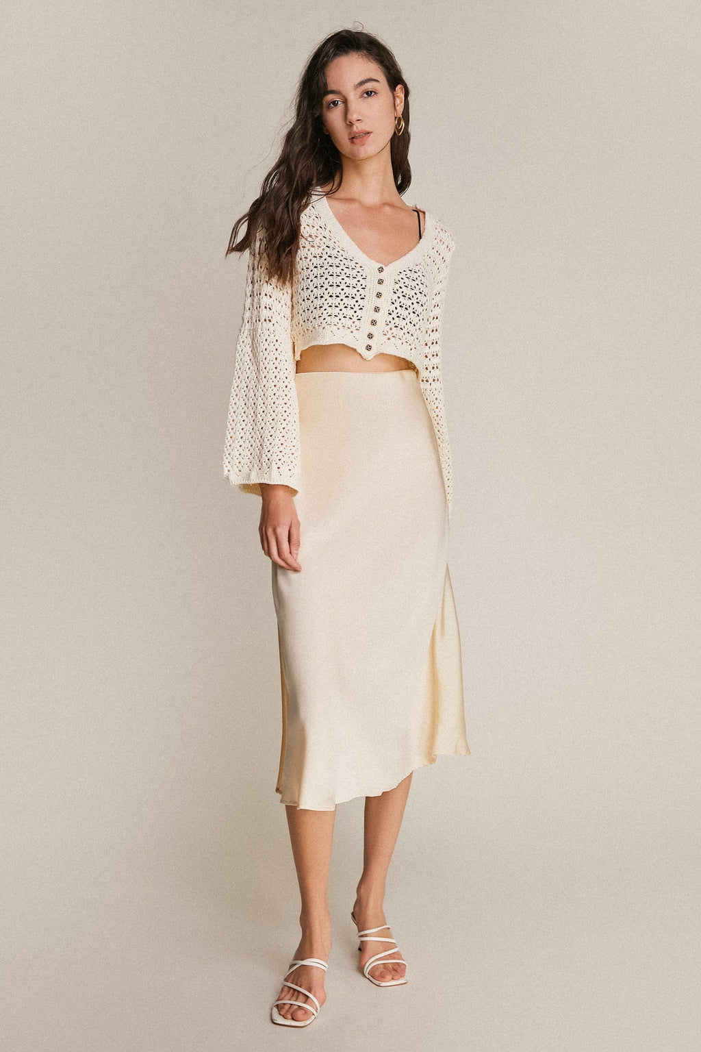 Ivory Satin High Rise A-Line Midi Skirt