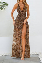 Leopard Print Slit Vacation Maxi Dress