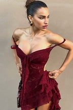 Sexy Lace Slim Drawstring Cutout Sheer Irregular Tube Top Boho Dress