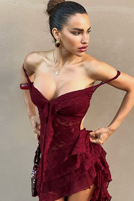Sexy Lace Slim Drawstring Cutout Sheer Irregular Tube Top Boho Dress