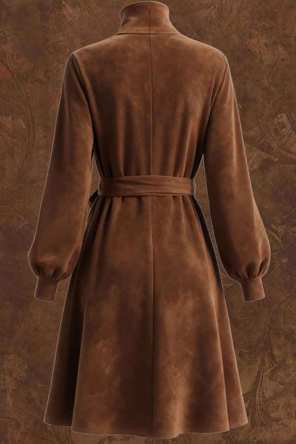 Stylish Suede Turtleneck Long-sleeved Tie-waist Casual Mini Dress