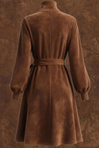 Stylish Suede Turtleneck Long-sleeved Tie-waist Casual Mini Dress