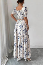 Square Neck Puff Sleeve Printed Crop Top & Ruffle Hem Slit Maxi Skirt Two-Piece Set