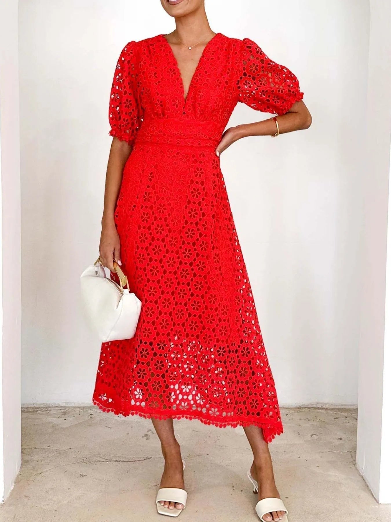 Serena Exclusive V Neck Lace Midi Dress with Puff Sleeves Chic Silhouette Collection