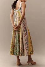 Sweet Garden Linen Blend Color Block Floral Paneled Maxi Dress