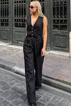 High Waist Striped V Neck Two Piece Vest Pants Set