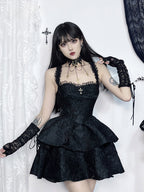 Jacquard Double Cake Suspender Vintage Lace Trim Backless ALine Mini Sexy Club Cami Dress