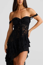 Sexy Lace Slim Drawstring Cutout Sheer Irregular Tube Top Boho Dress