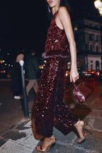Gala Goddess Sequin High Rise Zipper Waist Wide Leg Pants