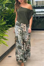 Terrace View Off Shoulder Tie Loose Top and Elastic Waist Unique Print Loose Pants Set