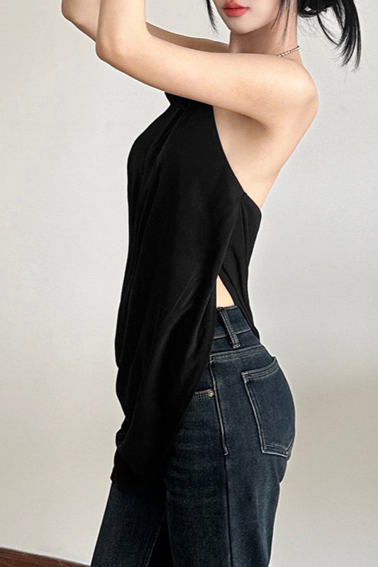 Solid Loose Flowy Halter Backless Blouse
