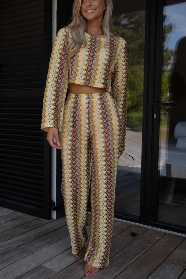 Tamia Knit Colorful Wave Unique Print Crop Top and Stretch Wide Leg Pants Set