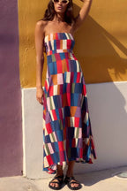Retro Chic Linen Blend Colorful Color Block Strapless Back Smocked Midi Dress