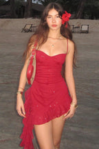 Sheer Asymmetric Ribbon Party Dress