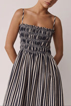 Striped Print Spaghetti Strap Pleated Pocket Casual Vacation Maxi Dress