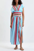 Stylish Striped Print V-neck Cropped Top and Elastic Waist Casual Maxi Skirt Set