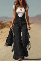 Stylish Suede Tassel Button Pocket Casual Wide-leg Overalls