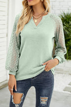 Waffle Grace Stitching Long Sleeve V-Neck T-Shirt Top Women