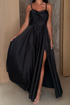 Solid Color Suspender Back Pleated Elegant Slit Full Hem Maxi Dress