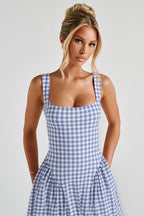 Plaid Printed Ruched Backless Spaghetti Strap Prom Dress