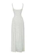 Ulissa Light Green Square Neck Jacquard Textured High Slit Maxi Dress