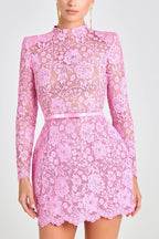 Champagne Toast Flower Lace Long Sleeve Bow Belted Mini Dress