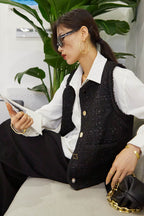 Black Crew Neck Frayed Trim Button-Up  Tweed Vest