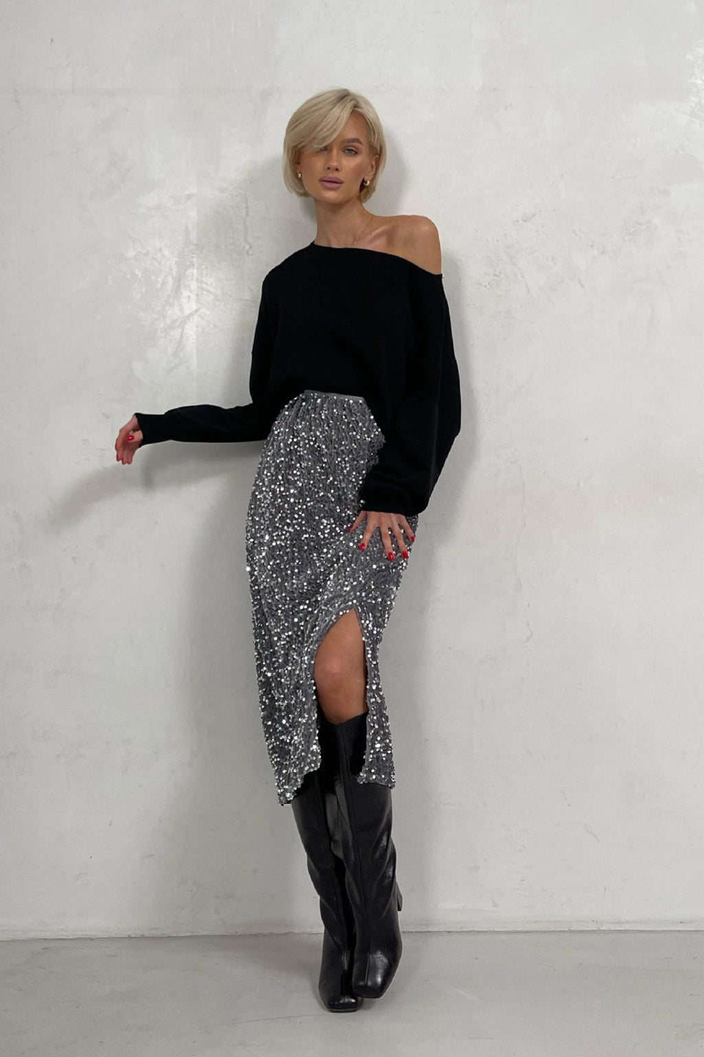 Sequin High Waist Slit Bodycon Midi Skirt
