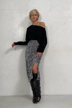 Sequin High Waist Slit Bodycon Midi Skirt