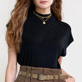 Black Rib-Knit Mock Neck Cap Sleeve Top