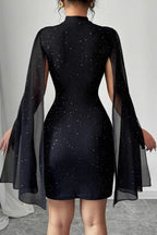 Shiny Printed Turtleneck Puff Sleeve Bodycon Cocktail Dress