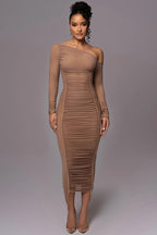 Diagonal Collar Mesh Midi Dress