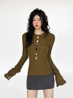Cutout Ribbed Bell Sleeve Top