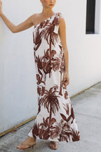 Botanical Print Sleeveless One-shoulder Casual Vacation Maxi Dress