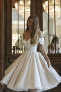 Elegant V Neck Off Shoulder Glitter Lace Tie Back Reception Dress