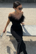 Ostrich Feather Deep V Bodycon Party Dress