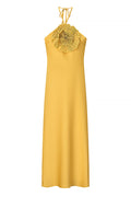 Fashionable Beaded Large Flower Decoration Halter Neck Backless Maxi Dress