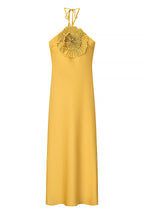 Fashionable Beaded Large Flower Decoration Halter Neck Backless Maxi Dress