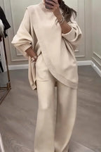 Solid Color Loose-fitting Turtleneck Knit Top and Elastic Waist Casual Pocket Straight Leg Pants