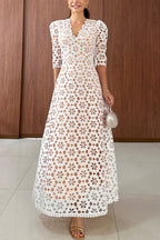 Charlotte Aesthetic Crochet Maxi Dress with Floral Lace and Puff Sleeves, Lined Elevated Occasion Wear