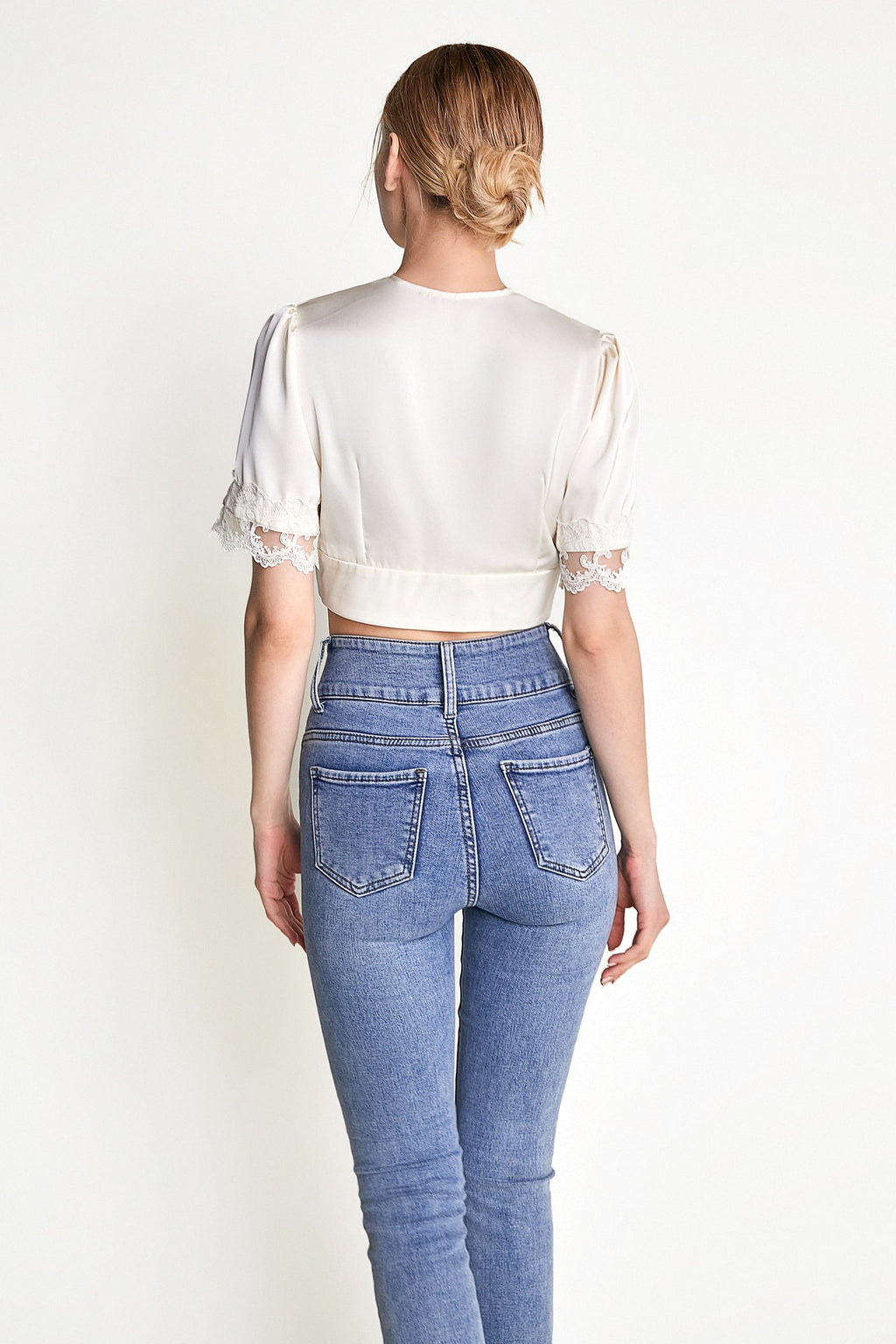 Ivory Satin Scallop Lace Puff Sleeve Crop Top