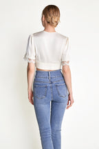 Ivory Satin Scallop Lace Puff Sleeve Crop Top