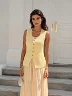 Sleeveless Square-Neck Buttoned Top With Split Hem