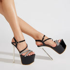 Eyecatching 7CM Platform Runway Rhinestone Open Toe Buckle Strap High Heel