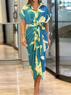 Casual Lapel Neck Waist Print Shirt Dress